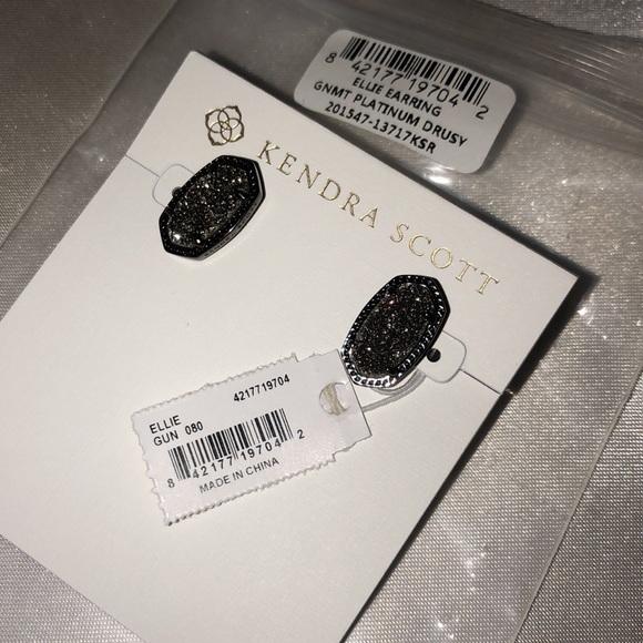 Kendra Scott Ellie Gunmetal Tone Stud Earrings With Platinum Drusy NWT - Picture 10 of 16